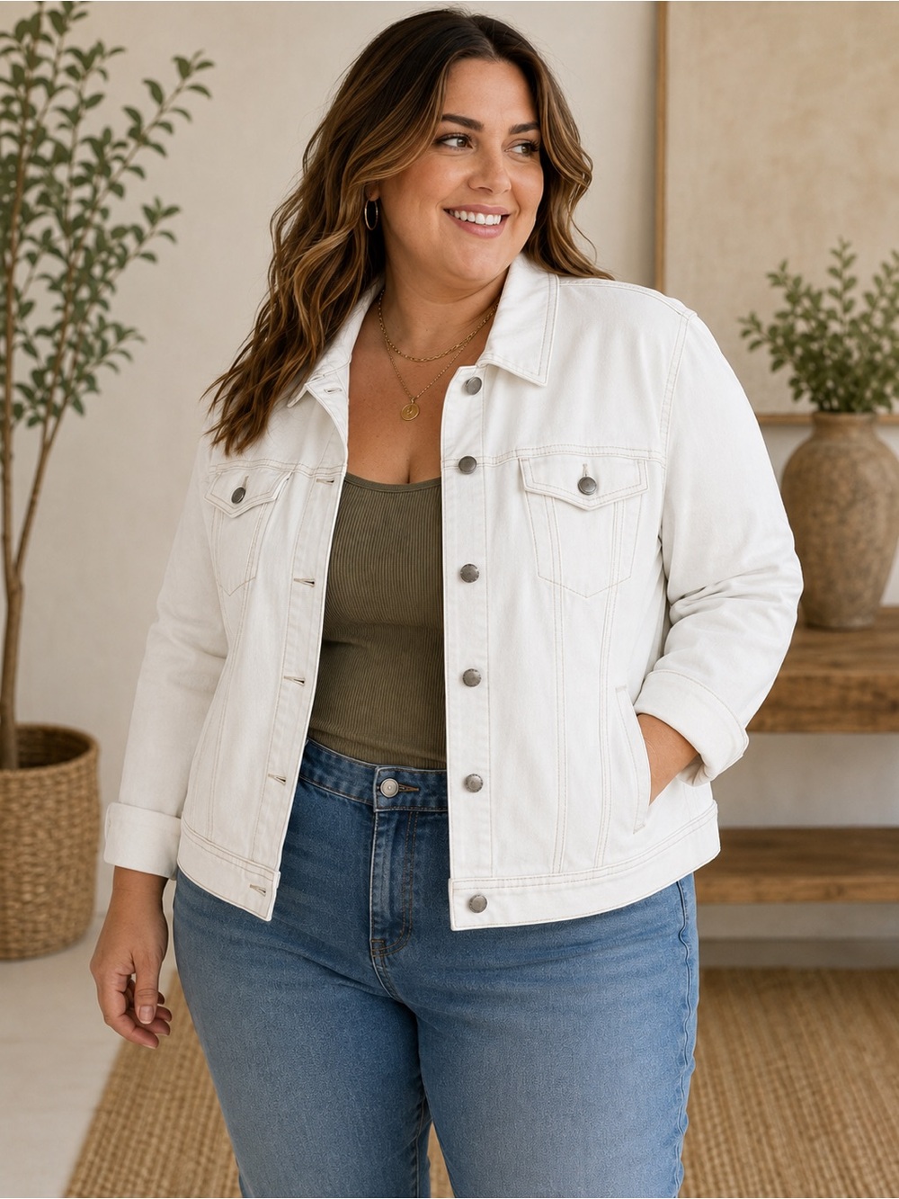 Sonoma White Denim Jean Jacket Plus Size 2X Relaxed Fit Silver Button